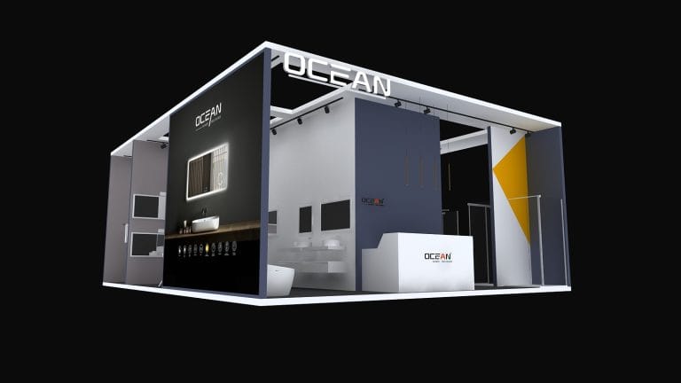 kbb Birmingham International Kitchen, Bedroom & Bathroom Exhibition O.CEAN Booth rendering left-view