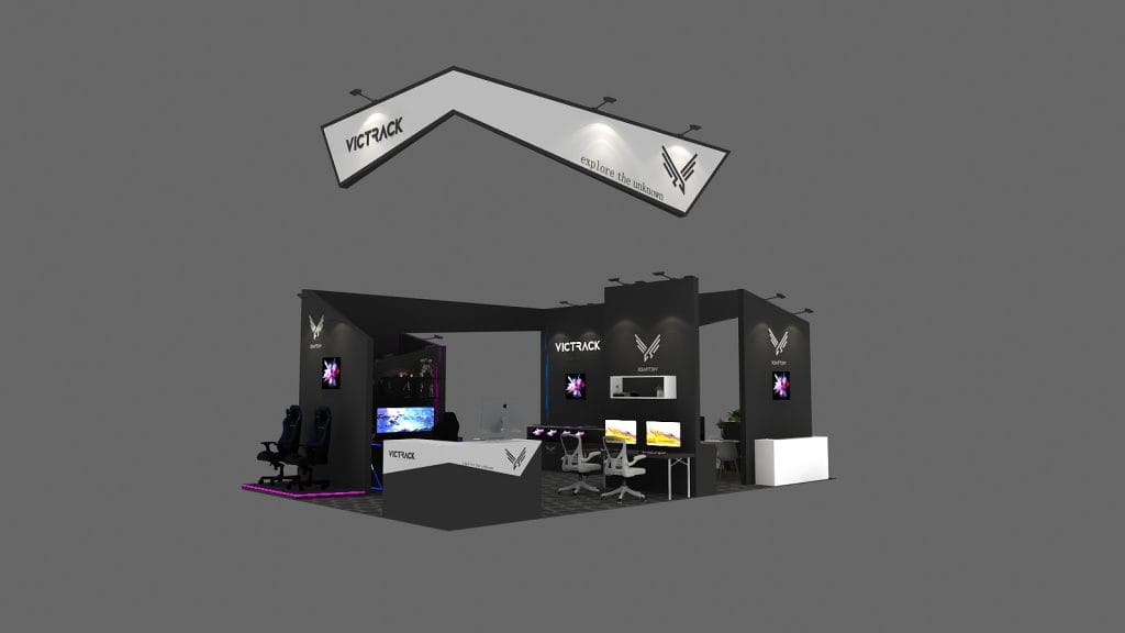 Consumer Electronics Show (CES) VicTrack Monitor Booth rendering front view