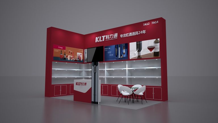 3D render of a red exhibition booth with white shelves, a reception counter, a TV, and a white table with four chairs.