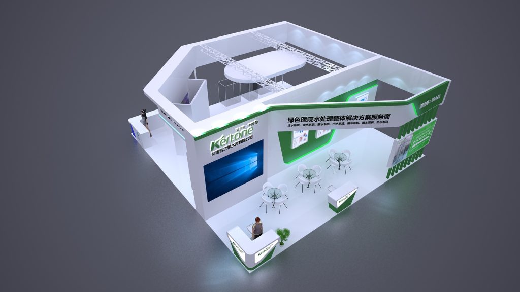 Overhead 3D render of a modern white and green trade show booth with screens, tables, and a reception desk.