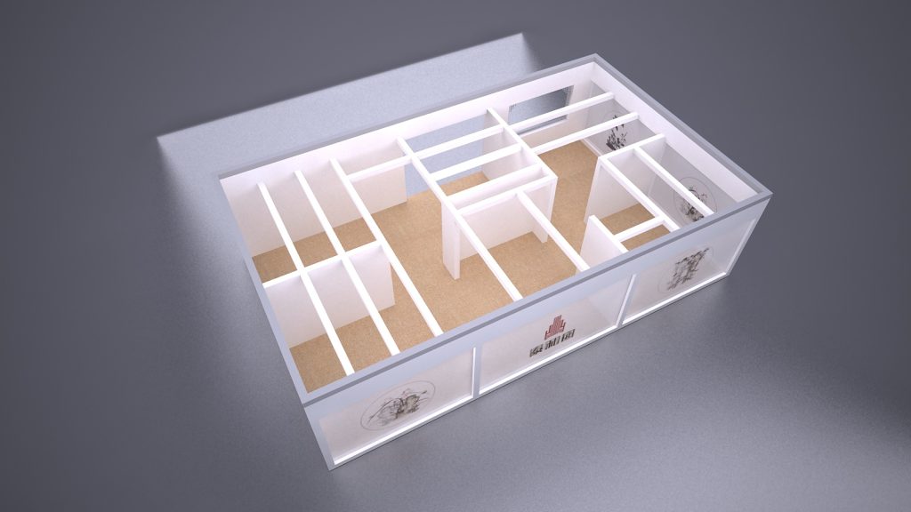 Overhead 3D rendering of a white exhibit booth's open floor plan, showing internal walls and brown flooring.