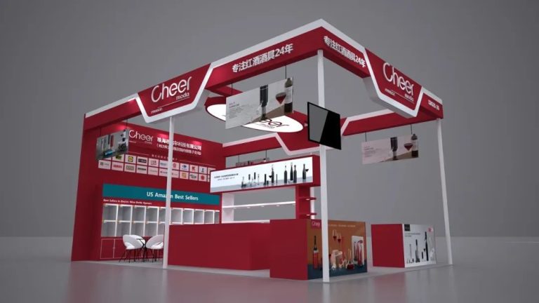 A 3D render of a modern red and white exhibition booth featuring product displays, counters, and white chairs.