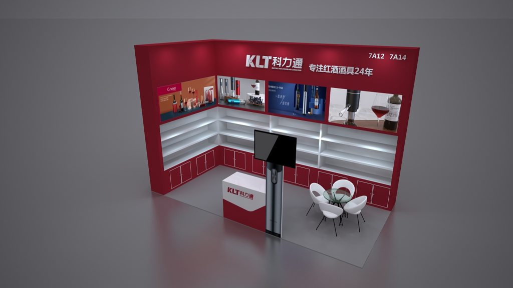 3D render of a red exhibition booth, angled view, featuring white shelves, a reception desk, a TV, and a circular table with four chairs.