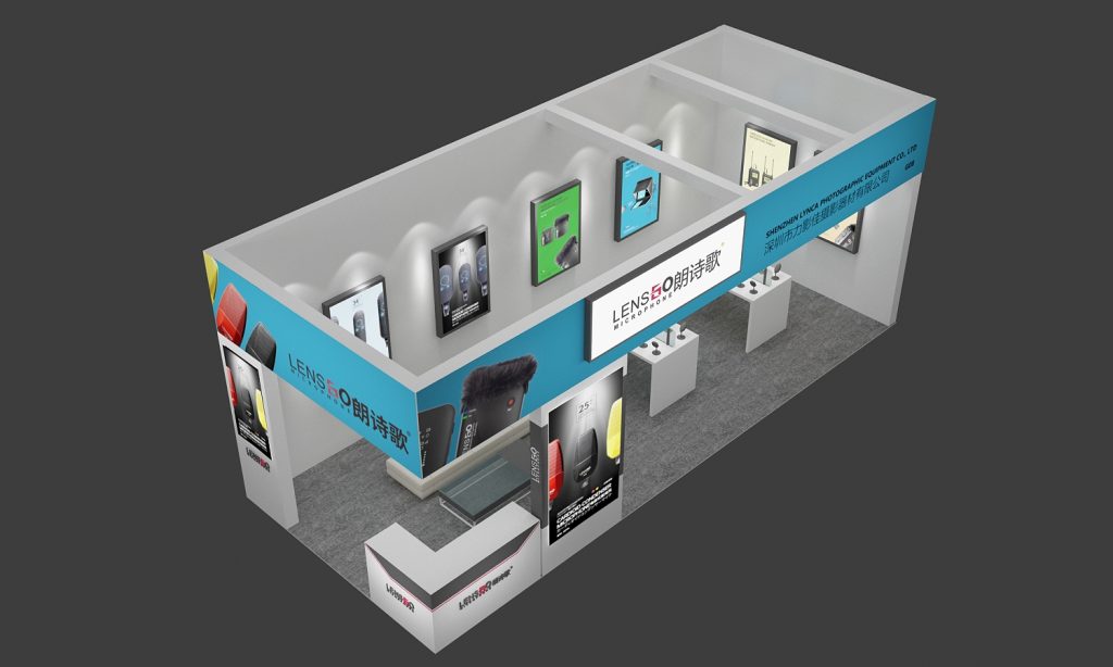 Overhead view of a modern exhibition booth with blue and white accents, featuring microphone product displays and a reception counter.