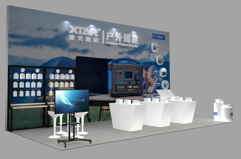 3D render of an exhibition booth with a blue outdoor power supply backdrop, product display shelves, a TV, and multiple white product pedestals.