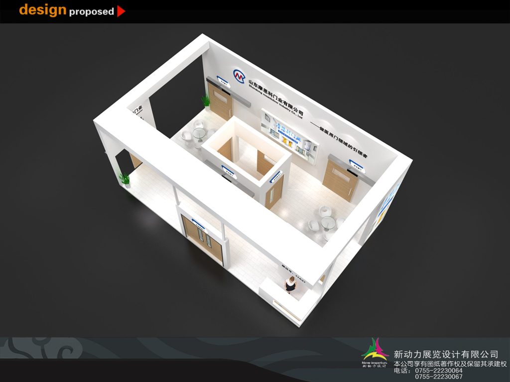 Overhead view of a modern exhibition booth design with white walls, featuring various wooden doors, display units, and small seating areas.