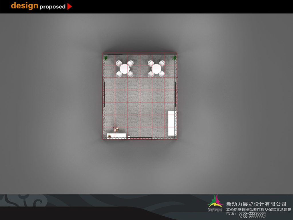 Overhead floor plan of an exhibition booth, showing the layout of a reception desk, seating area, and display counter within a grid.