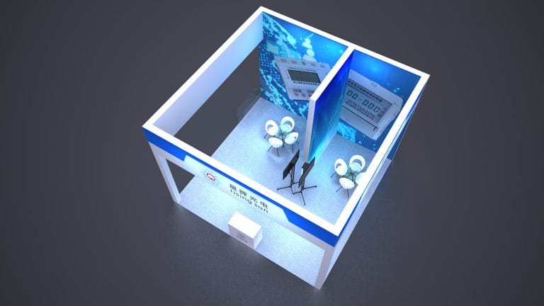 3D render of an empty, modern trade show booth with blue and white accents, white chairs, and screens displaying electronic devices.