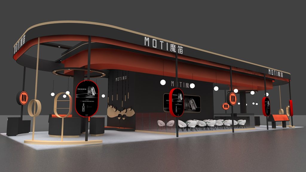 3D render of a sleek black and orange exhibition booth with curved roof, display panels, white seating, and hanging lights.
