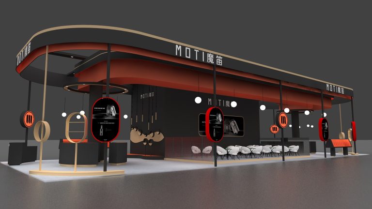3D render of a sleek black and orange exhibition booth with curved roof, display panels, white seating, and hanging lights.