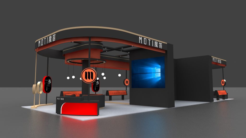 3D render of a modern black and orange exhibition booth featuring a large screen with Windows logo and orange seating.