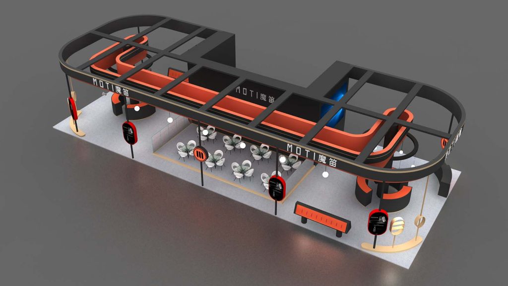 Overhead 3D render of an expansive black and orange exhibition booth layout with multiple display stands and white seating clusters.