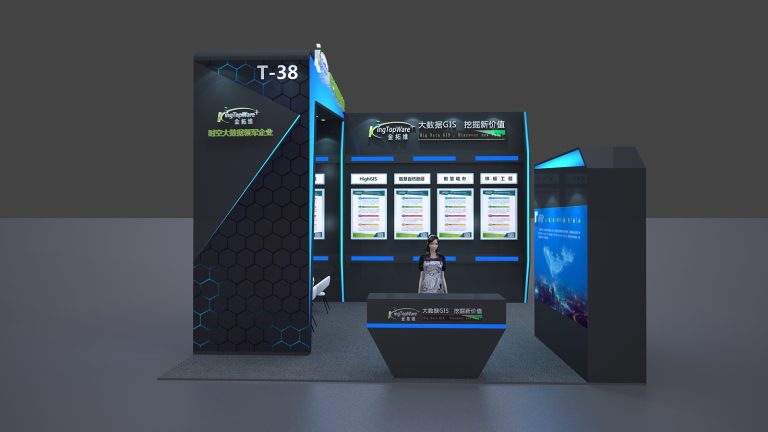 Booth render, woman at reception desk.