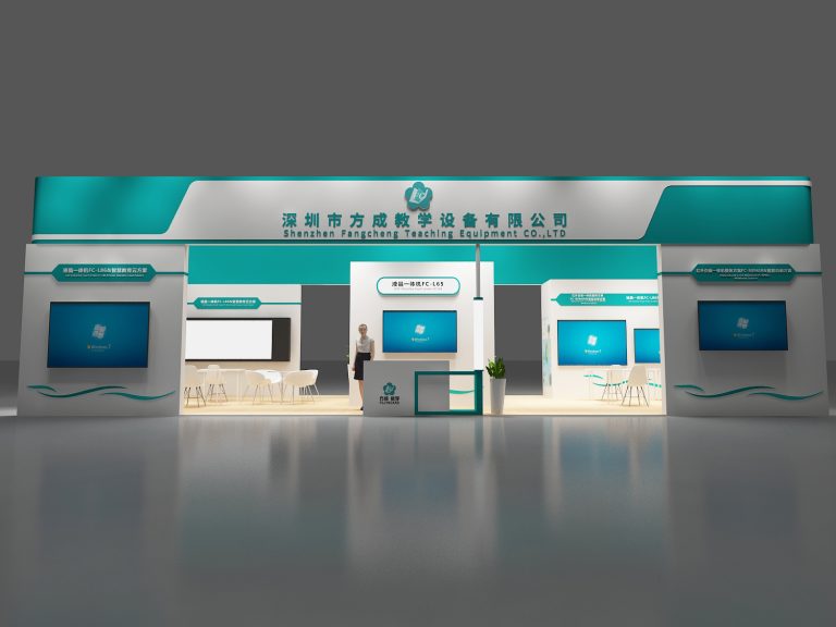 Modern exhibition booth in white and teal with multiple display screens, a reception desk, and seating areas.