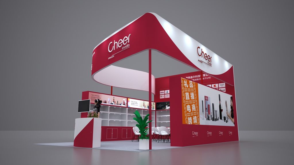 Red and white exhibition booth render showing product displays on shelves and a wall, a reception counter, a plant, and a seating area.