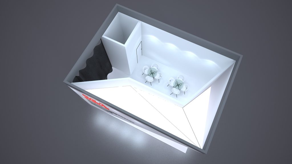 Overhead view of a white display booth interior with two round tables and chairs in a lounge area.