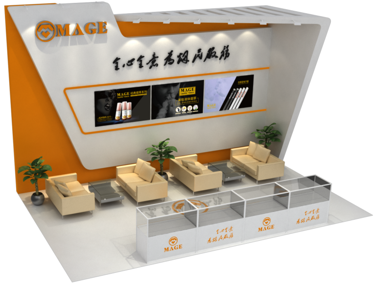 A 3D rendered design of an exhibition booth with orange and white walls, display cases, beige sofas, and plants.