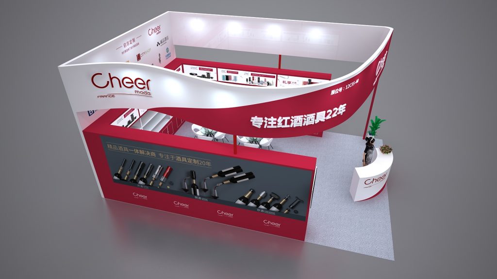High-angle render of a red and white exhibition booth with product display shelves, a large wall graphic, a curved canopy, and a reception desk.