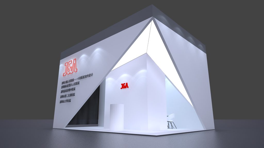 Modern white and grey display booth with an open corner entrance, revealing an illuminated counter and a chair inside.
