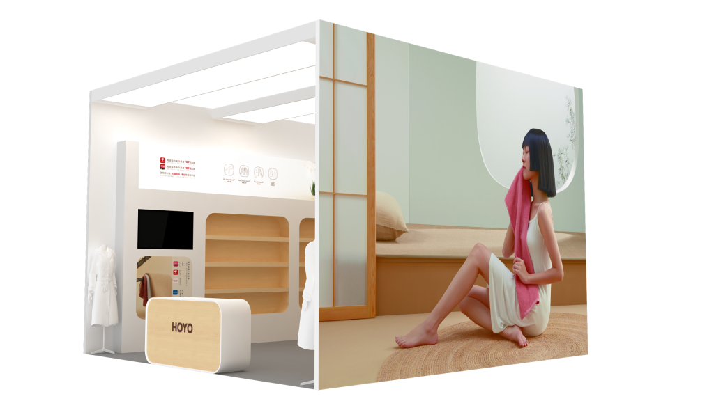 A composite image: left shows a booth interior, right features a woman holding a pink towel in a serene room.