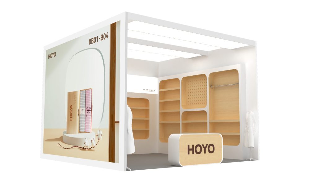 An exhibition booth rendering with product displays on the outer wall and modular light wood shelving inside.