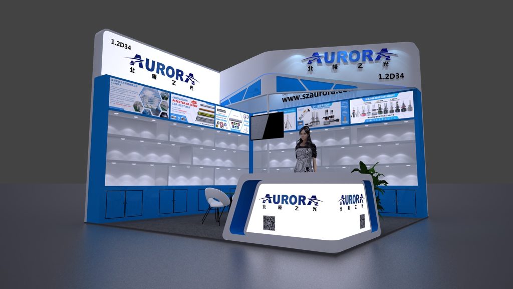 A 3D render of a blue and white exhibition stand featuring product displays, a reception counter with a screen, and a female avatar standing behind it.