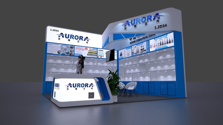 A 3D rendering of a blue and white trade show booth, highlighting the product display shelves, a reception desk, and a female avatar.