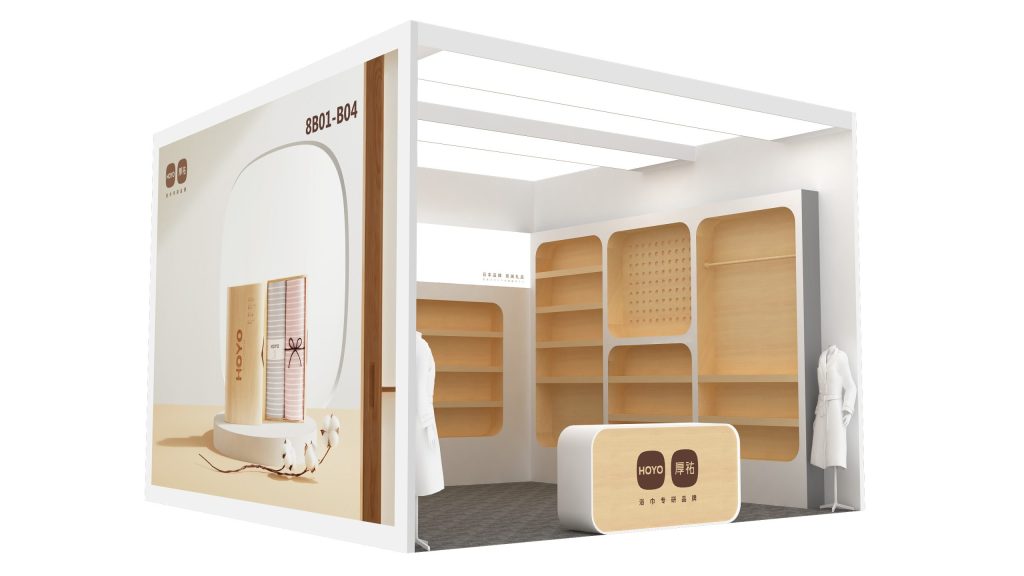 3D rendering of a modern exhibit booth featuring empty wooden shelves, a branded counter, and graphic panels with product illustrations.