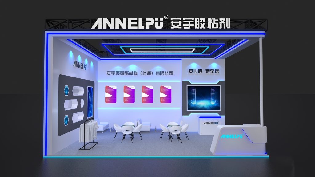 A rendered trade show booth design featuring white and blue neon accents, display screens, two seating areas, a reception desk, and a clothing rack.