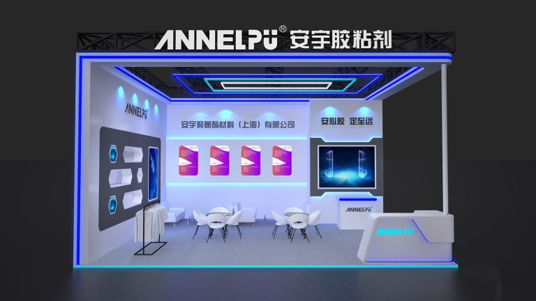 A rendered trade show booth design featuring white and blue neon accents, display screens, two seating areas, a reception desk, and a clothing rack.