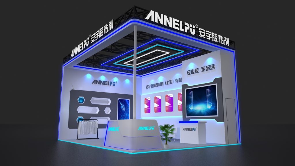 An angled view of a rendered trade show booth with white and blue neon accents, display panels, a reception desk, and a clothing rack.
