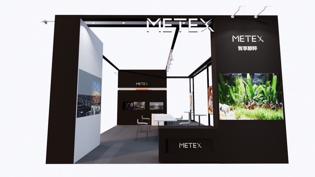 A 3D rendered view of a modern black and white exhibition booth featuring several large display screens.