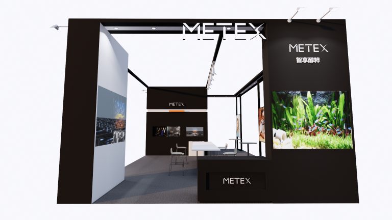 A 3D rendered view of a modern black and white exhibition booth featuring several large display screens.