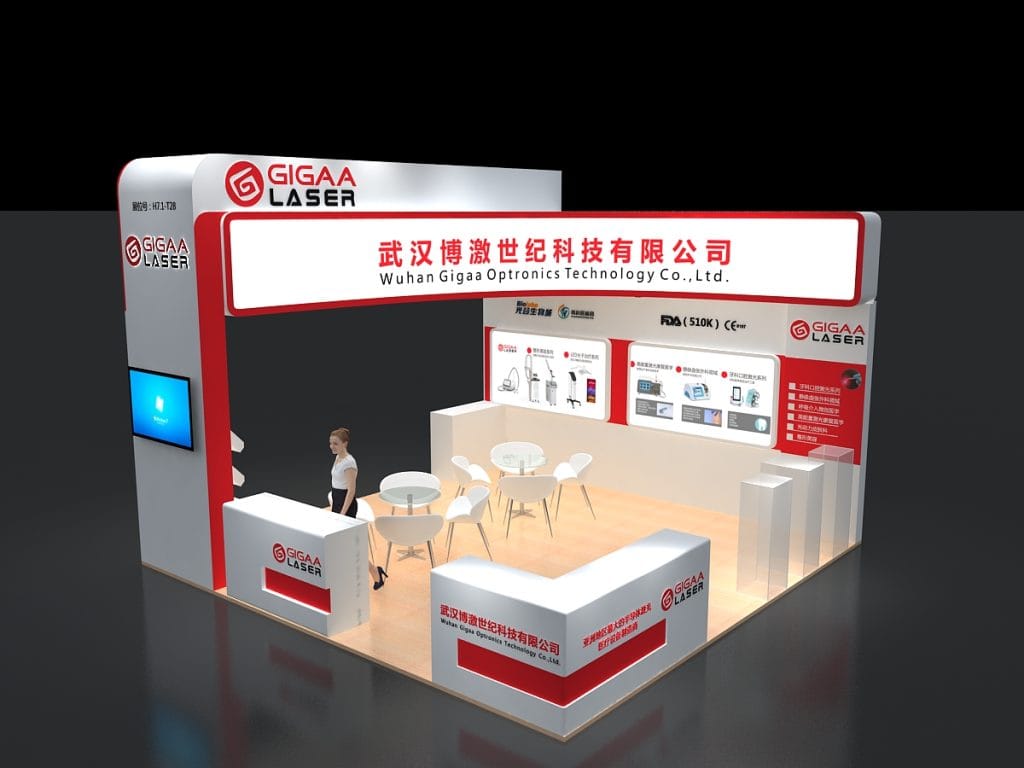 3D rendering of a modern white and red exhibition booth with a seating area, display walls, and a woman standing.