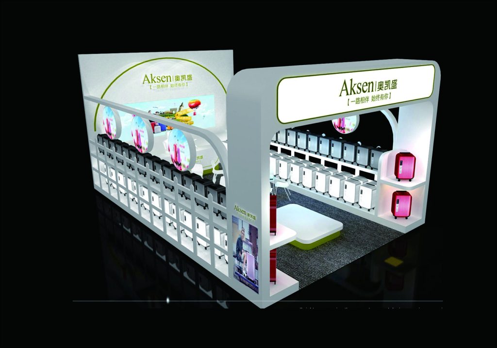 White and grey exhibit booth 3D render. Rows of small white luggage, red luggage, and graphic panels with images are displayed on shelves.