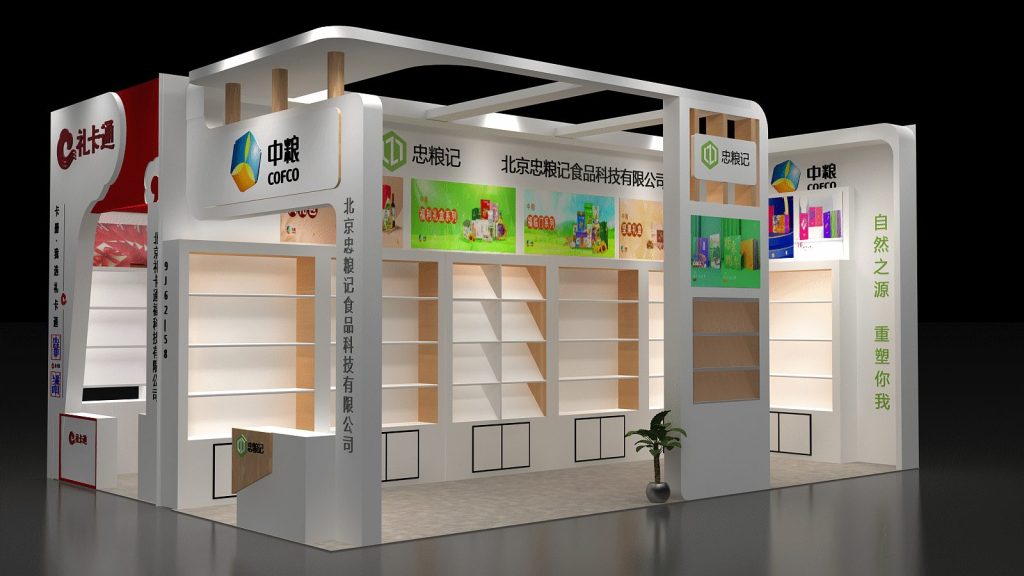 A 3D render of an open-faced white and light brown exhibition booth featuring empty shelves and display areas with colorful product packaging.