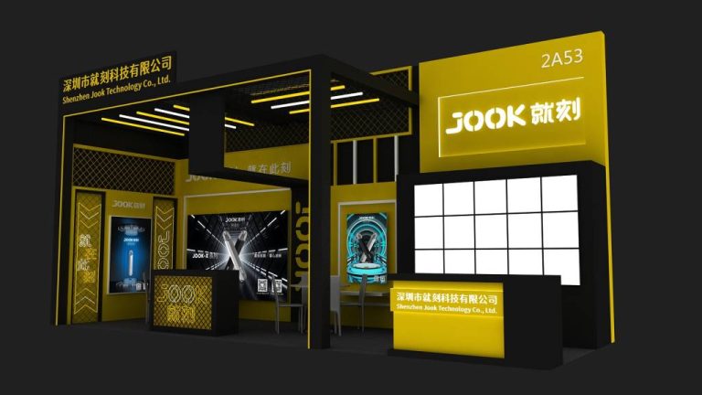 3D render of a modern yellow and black exhibition booth with various display screens.