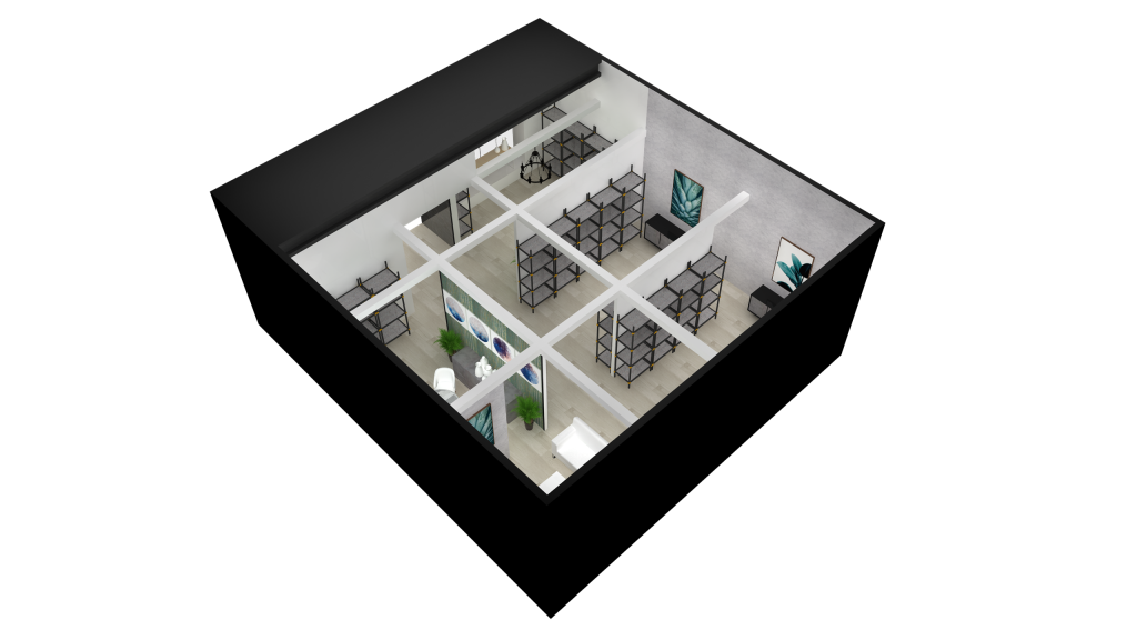 Isometric overhead view of a modern store layout with multiple sections of black shelves and green plant decorations.