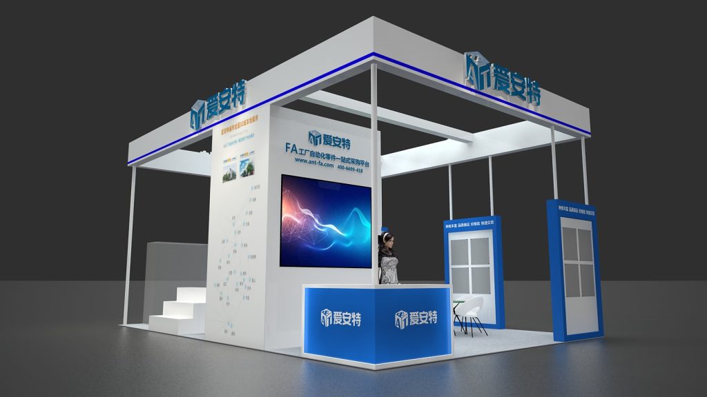 A 3D render of a white and blue trade show booth with a reception desk, a large screen, display walls, stairs, and a woman standing at the desk.