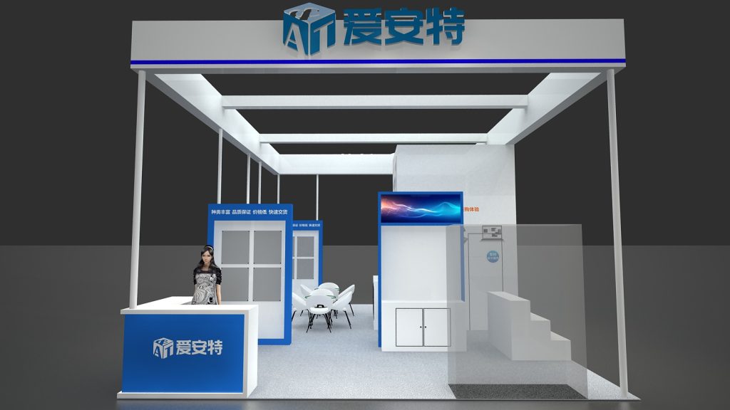 A 3D render of a white and blue trade show booth featuring a reception desk with a woman, a small table with chairs, and product display cases.