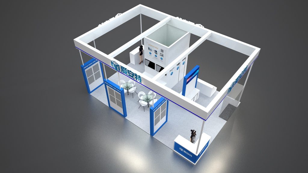 An aerial 3D render of a white and blue trade show booth layout, showing reception, seating, and product display areas from above.