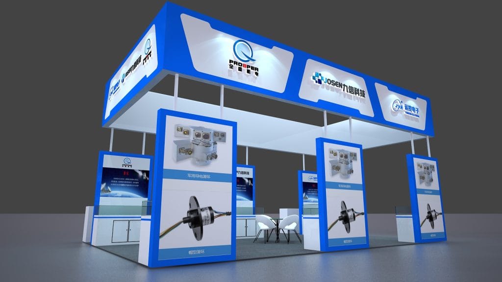 3D rendering of a modern blue and white exhibition booth with multiple display panels showcasing electronic components and a small seating area.