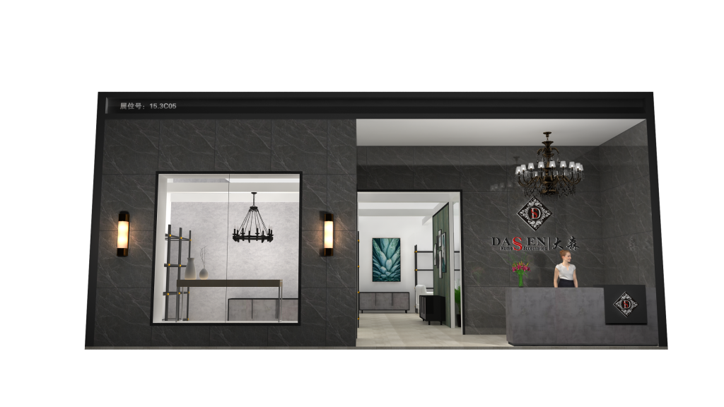 Storefront rendering with dark marble panels, a large display window, and an open entrance featuring a reception desk and decorative lighting.