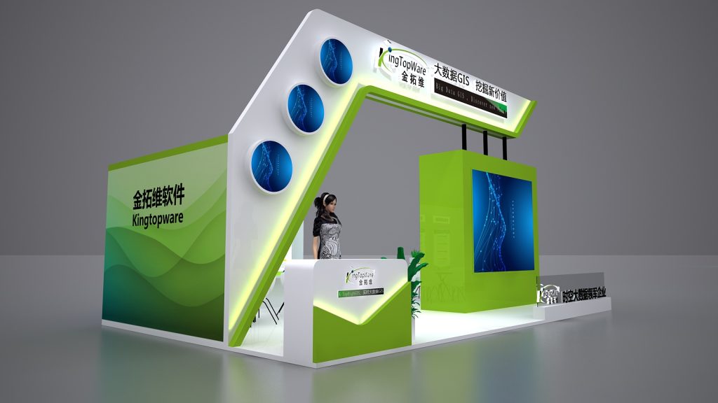Rendered 3D trade show booth, white and lime green, featuring a wavy green exterior. A reception desk with a simulated woman, large screen, and circular displays are visible.
