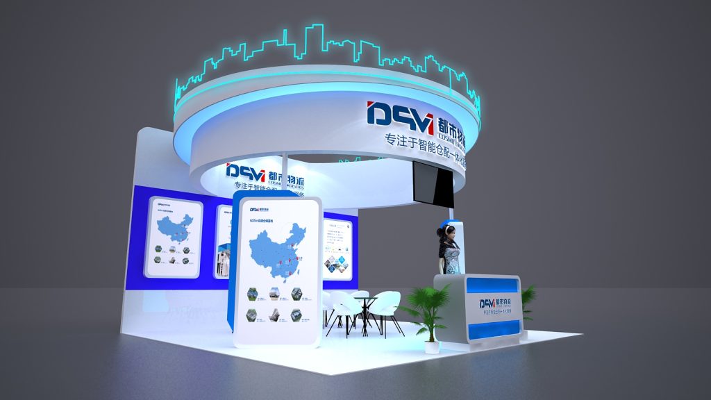 An angled 3D render of a modern white and blue trade show booth with glowing skyline graphic, multiple display screens, and small tables with chairs.