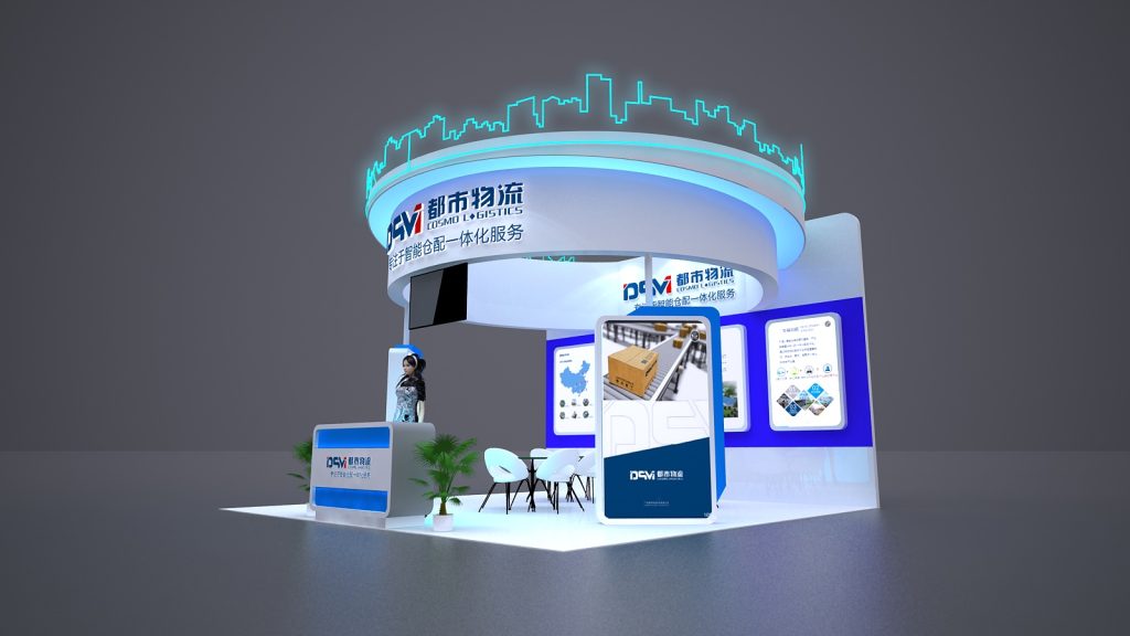 A 3D rendered, illuminated white and blue trade show booth with screens showing logistical maps and images, viewed from an oblique angle.