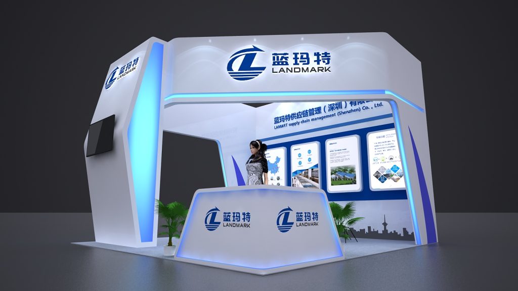A rendered white and blue exhibition booth with a female attendant at a reception desk.