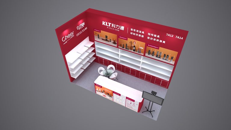 3D render of a red and white exhibition booth with empty display shelves, a small table, chairs, and a long counter with a screen.
