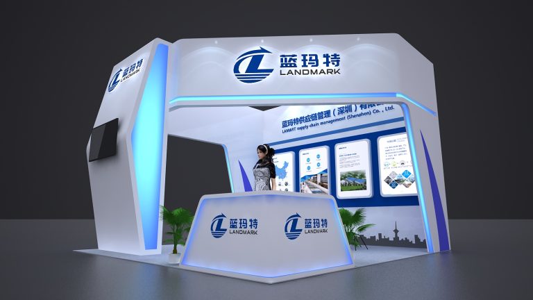 A rendered white and blue exhibition booth with a female attendant at a reception desk.