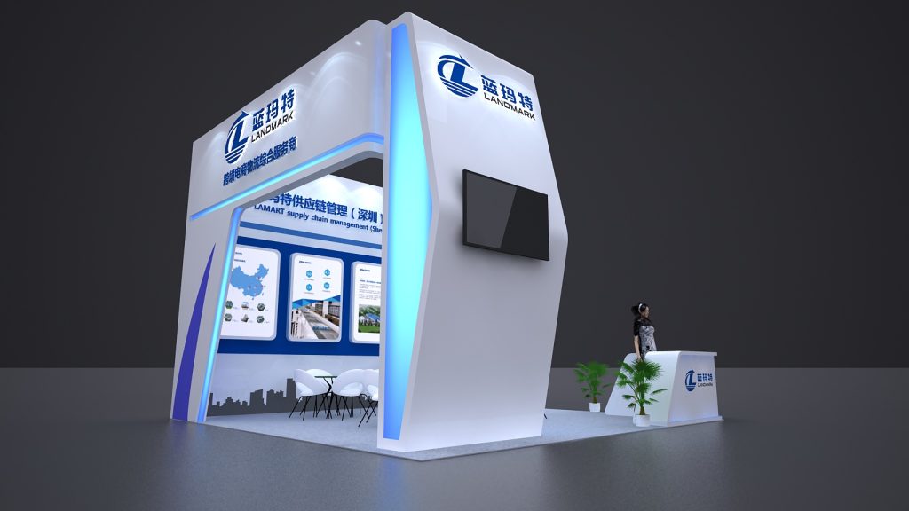 A rendered white and blue exhibition booth, seen from the side, with a reception desk and TV.